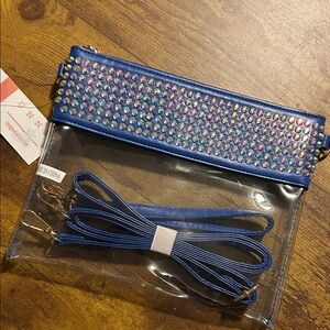 Unni Blue Rhinestone Embellished Stadium Bag Crossbody Purse Clear NWT